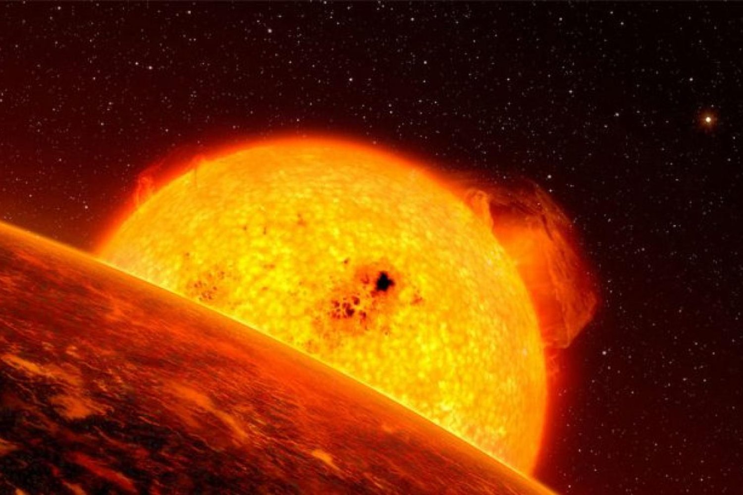 Görselde yörüngedesinki bir gezegeni kavuran kırmızı dev yıldız resmediliyor (Avrupa Güney Gözlemevi)