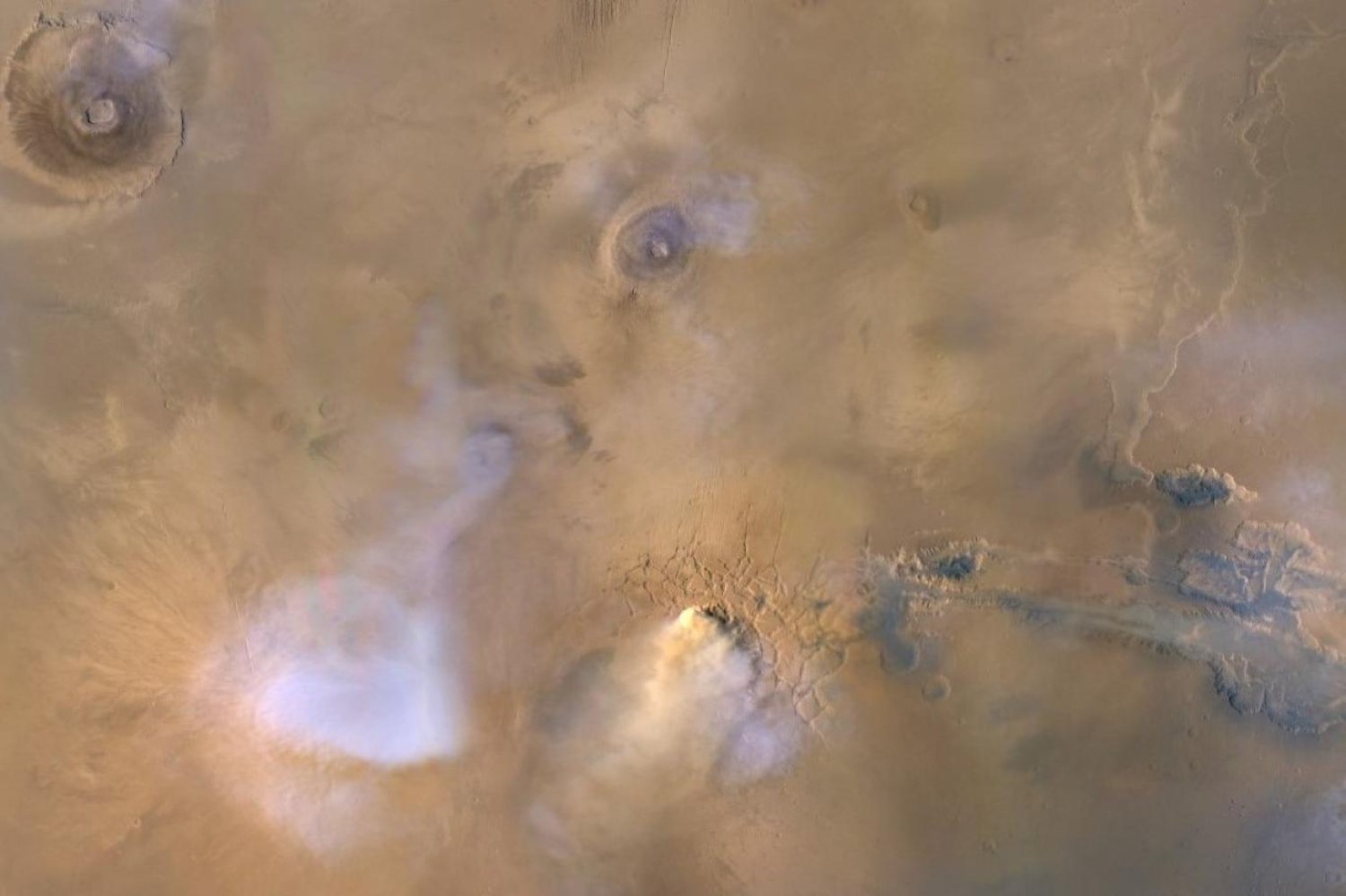 Mars Reconnaissance Orbiter'la 2010'da çekilen bu görüntüde su buharı mavi-beyaz, kum fırtınaları sarı renkte görülüyor (NASA)


