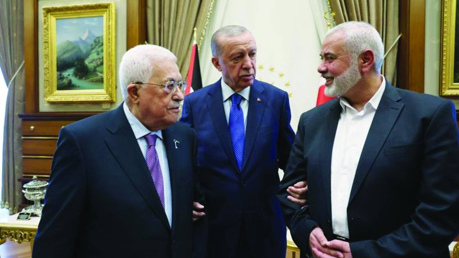 Cumhurbaşkanı Recep Tayyip Erdoğan, geçtiğimiz temmuz ayında Filistin Devlet Başkanı Mahmud Abbas ve Hamas Siyasi Büro Başkanı İsmail Heniyye'yi bir araya getirmişti. (Türkiye Cumhurbaşkanlığı)