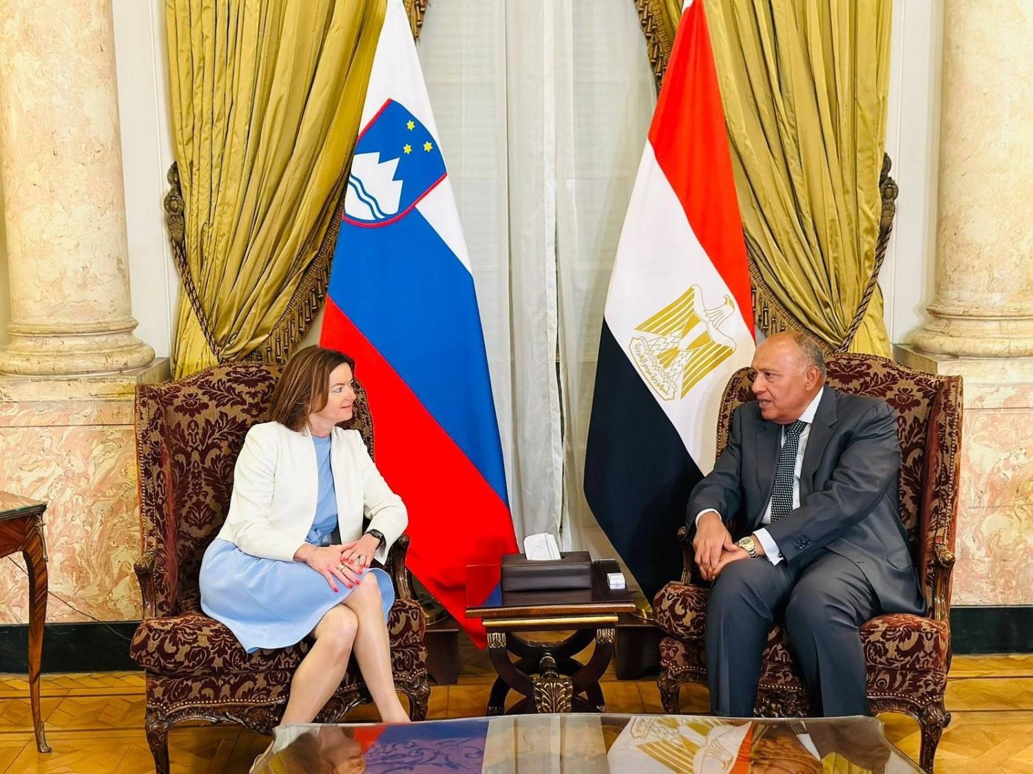 Mısır Dışişleri Bakanı Samih Şukri, Sloven mevkidaşı Tanja Fajon ile Kahire'de bir araya geldi. (Mısır Dışişleri Bakanlığı X hesabı)